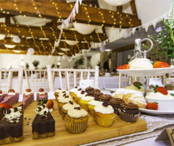 Cupcakes, cake slices and desserts on display inside Sheffield party venue Manor Oaks House.